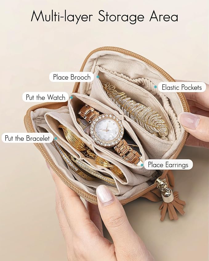 VLANDO Small Travel Jewelry Case,Jewelry Pouch Bags with Zipper,Velvet Jewelry Organizer Storage Bag for Bracelet Rings Earring-Brown