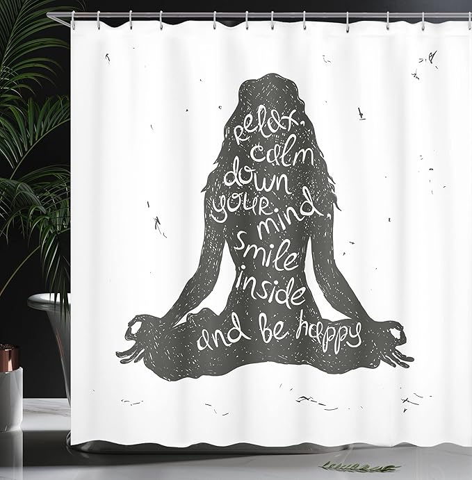 Ambesonne Yoga Shower Curtain, Relax Calm Down Smile Be Happy Typography Poster Woman Silhouette Sitting Yoga, Cloth Fabric Bathroom Decor Set with Hooks, 69" W x 75" L, Green White