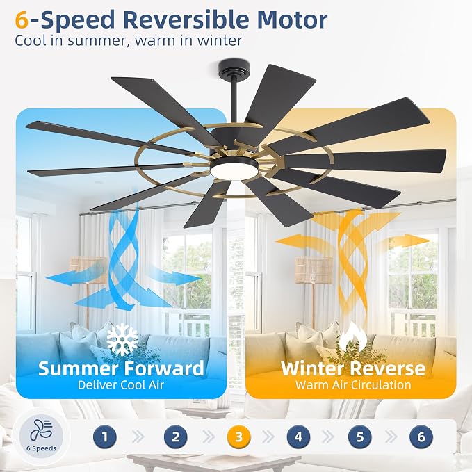 WINGBO 72" Windmill Ceiling Fan with Lights, 3 Downrod, 6-Speed Reversible DC Motor, 3CCT, 10 Blade Indoor Farmhouse DC Ceiling Fans for Kitchen Bedroom Living Room Patio, Aged Brass and Black