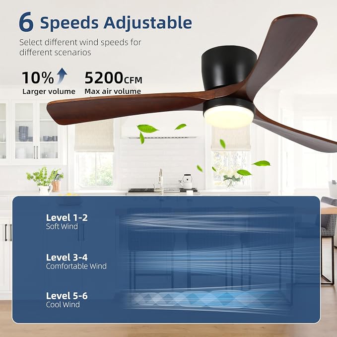 Ceiling Fans with Lights and Remote Control, 52 Inch Solid Wood Blade, Low Profile Flush Mount, LED Dimmable DC Reversible Modern Ceiling Fans with APP Control for Bedrooms, Living Rooms, Patio, Black