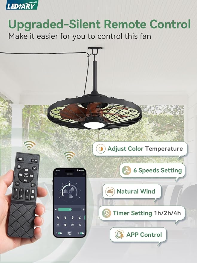 LEDIARY 24" Outdoor Ceiling Fan with Lights,IP65 Waterproof Gazebo Hanging Fan with Remote Control Smart App, Plug in Caged Ceiling Fan with 3CCT 6-Speeds for Patio Porch Pergola(Walnut)
