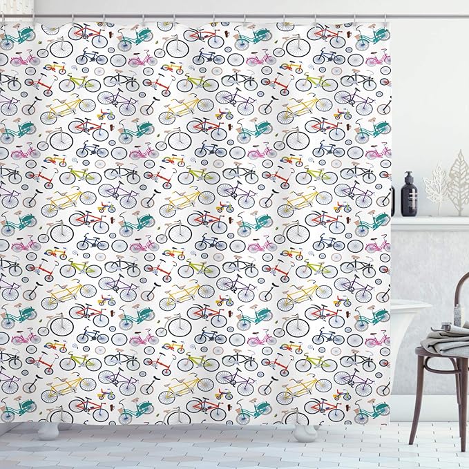 Ambesonne Bicycle Shower Curtain, Retro Style Colorful Bicycles of All Styles and for All Age Groups Training Wheels, Cloth Fabric Bathroom Decor Set with Hooks, 69" W x 70" L, Dark Blue Grey