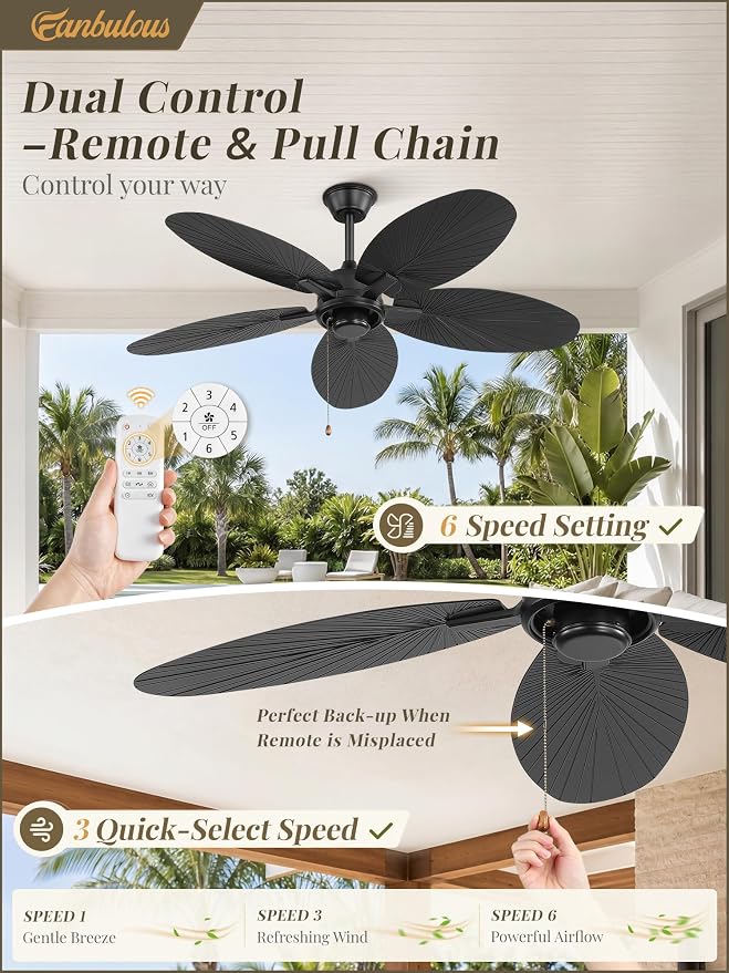 Fanbulous 52 Inch Ceiling Fan No Light, Remote & Pull Chain Tropical Fan With 6 Speeds, 3 Timers, DC Quiet Motor, 5 Palm Blade for Bedroom Living Room Covered Outdoor Patio Porch, Damp Rated, Black