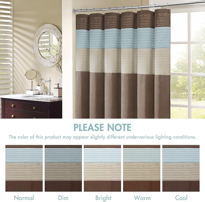 Madison Park Amherst Bathroom Shower Curtain Faux Silk Pieced Striped Modern Microfiber Bath Curtains, 72x72" Inches, Blue