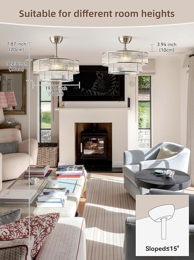 Silver Fandelier Ceiling Fans with Lights, 20" Silver Crystal Chandelier Ceiling Fan with Light Remote Control, Caged Mid Century with 6 Speeds for Bedroom, Living Room, Nursery