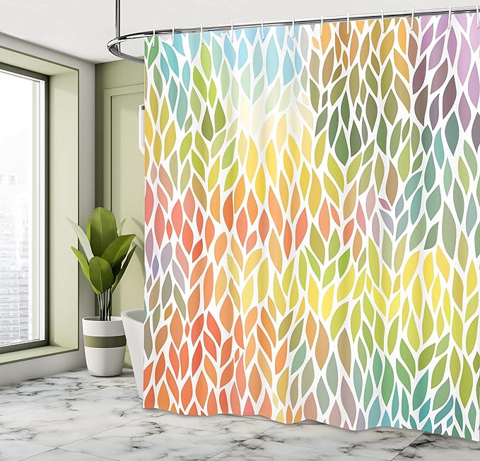 Ambesonne Autumn Shower Curtain, Leaves Pattern in Summer Autumn Time Seasonal Forest Colorful Geometrical Nature, Cloth Fabric Bathroom Decor Set with Hooks, 69" W x 70" L, Green Orange