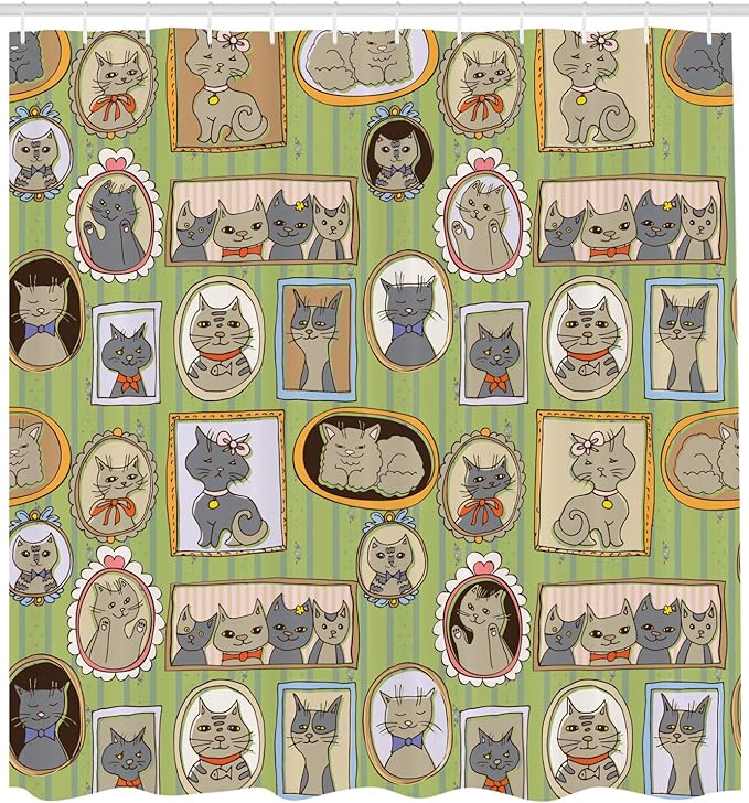 Ambesonne Cat Lover Shower Curtain, Framed Pictures of Cats on The Wall Memories Moments, Cloth Fabric Bathroom Decor Set with Hooks, 69" W x 70" L, Green Amber