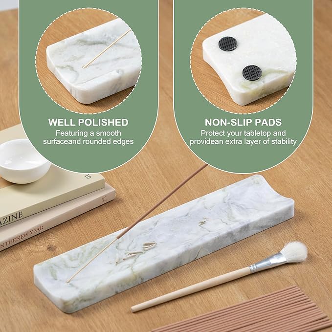 Marble Incense Holder Burner-Natural Stone Stick Incense Tray with Ash Catcher，20 Sticks & Brush - Elegant Decor for Meditation, Yoga, Home,Gift(White Green)