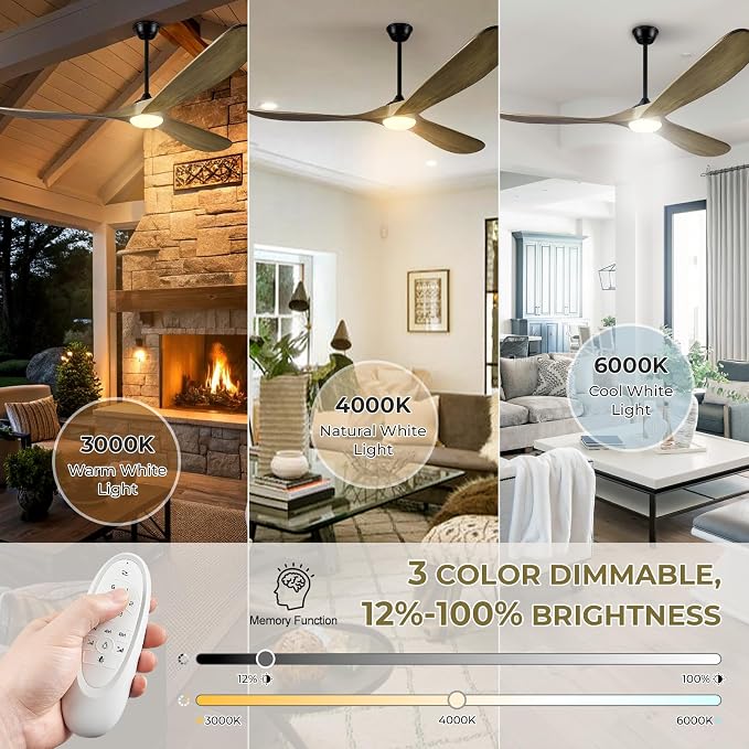 72" Ceiling Fans with Lights and Remote Control, Outdoor Ceiling Fan with Lights High CFM Dimmable Quiet 3 Blade Wood Walnut Ceiling Fan,Bronze Gray