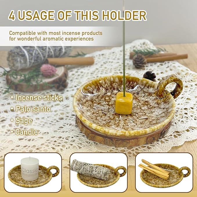 Vintage Ceramic Incense Holder for Sticks, Palo Santo Stick and Sage Holder for Burning, Candle Holders with Handle for Meditation Yoga Room Home Decor