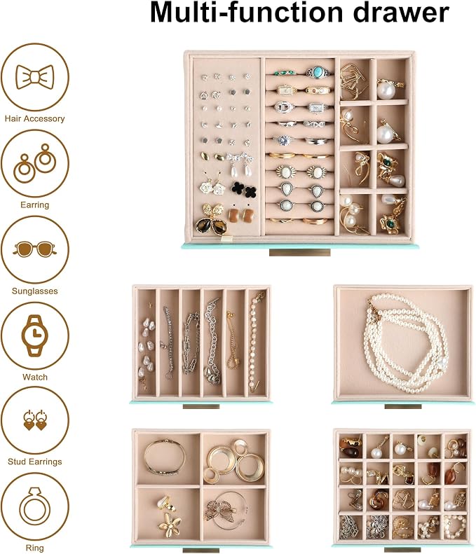 Frebeauty Jewelry Box for Women,Clear Lid Jewelry Organizer with 5 Drawers | Faux Leather,Velvet Lining,5-Layer Large Capacity,Jewelry Storage for Rings Earrings,Dustproof Design,Golden Stylish Handle