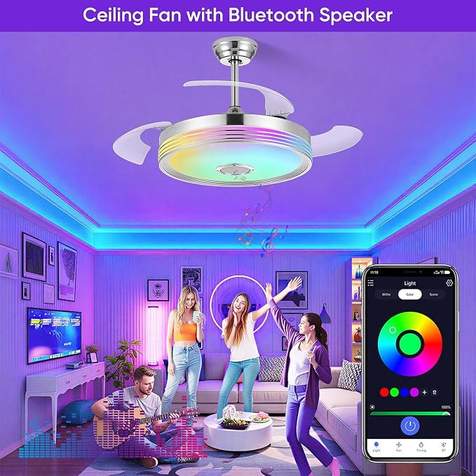 FIDGRA 48'' Retractable Ceiling Fan with Light, Bluetooth Modern Ceiling Fans with Speaker, RGB LED Lights, 6 Speeds, Reversible Motor for Bedroom, Living Room, Party-Chrome