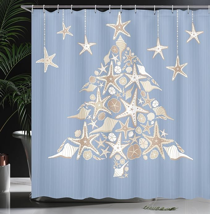 Ambesonne Christmas Shower Curtain, Nautical Elements Sea Life Theme with Noel Tree Winter Season, Cloth Fabric Bathroom Decor Set with Hooks, 69" W x 75" L, Beige Cream