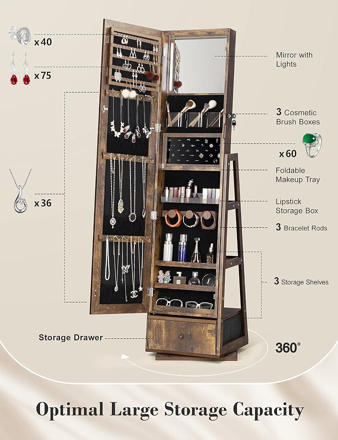 Nicetree 360° Swivel Jewelry Cabinet with Lights, Touch Screen Vanity Mirror, Rotatable Full Length Mirror with Jewelry Storage, Standing Jewelry Armoire Organizer, Gift Idea, Rustic Brown