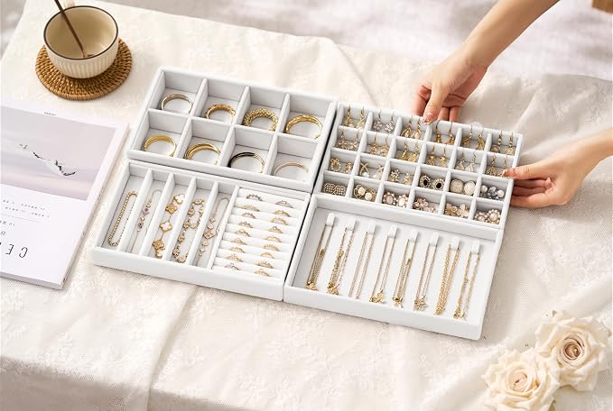 Velvet Jewelry Drawer Organizer Trays – White Stackable Jewelry Storage Inserts Set, 4-Layer Jewelry Tray Set for Earrings, Rings, Necklaces, Bracelets with Removable Dividers for Dresser & Vanity