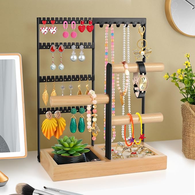 Godboat Jewelry Stand - 48 Holes Earring Holder, 4-Tier Necklace Organizer | 6 Hooks Jewelry Organizers and Storage, Bracelet Ring Rack with Wood Box, Preppy Gift Room Decor for Teen Girls Women, Black