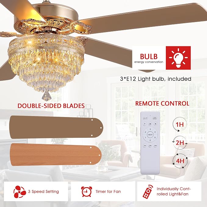 GJeg Crystal Ceiling Fan Fandelier with Lights - Retro Outdoor Fans with Remote Control, Farmhouse Ceiling Fan with Noiseless DC Reversible Motor,Dining Room,Living Room(62" Gold)