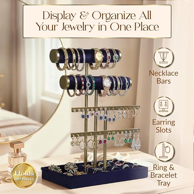 Jewelry Tower Stand Organizer for Women - Soft Touch Velvet Elegant Jewelry Holder Display with Necklace Holder, Earring Organizer & Bracelet Rack - Tabletop Stand for Dresser, Vanity, Desk - Blue