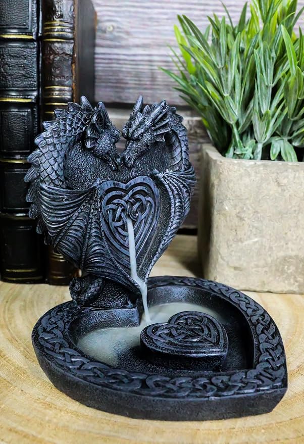 Ebros Gift Guardian of Faux Stone Celtic Heart Tomb Altar Romantic Double Dragon Backflow Cone Incense Cascading Smoke Pool Waterfall Burner Holder Figurine Fantasy Gothic Dungeons and Dragons