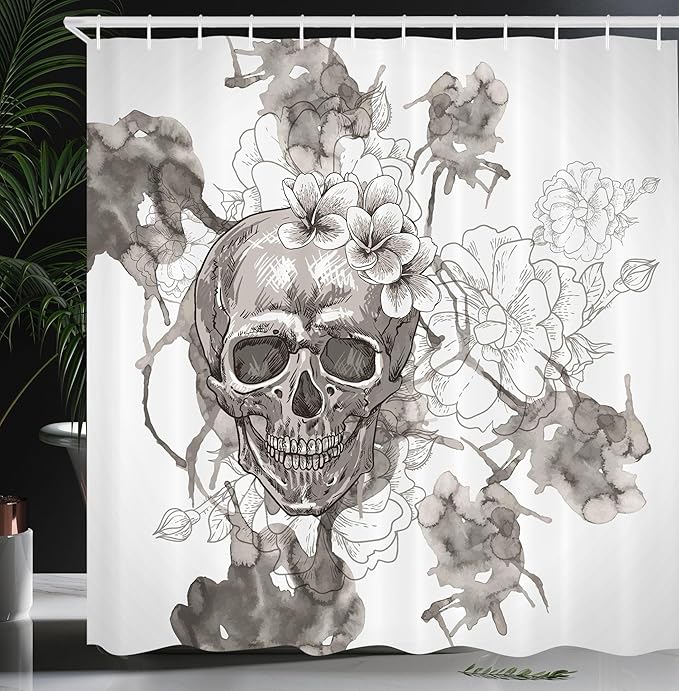 Ambesonne Day of The Dead Shower Curtain, Painting Skull Flowers Dia de Los Muertos Designed Print, Cloth Fabric Bathroom Decor Set with Hooks, 69" W x 70" L, Dimgrey and White