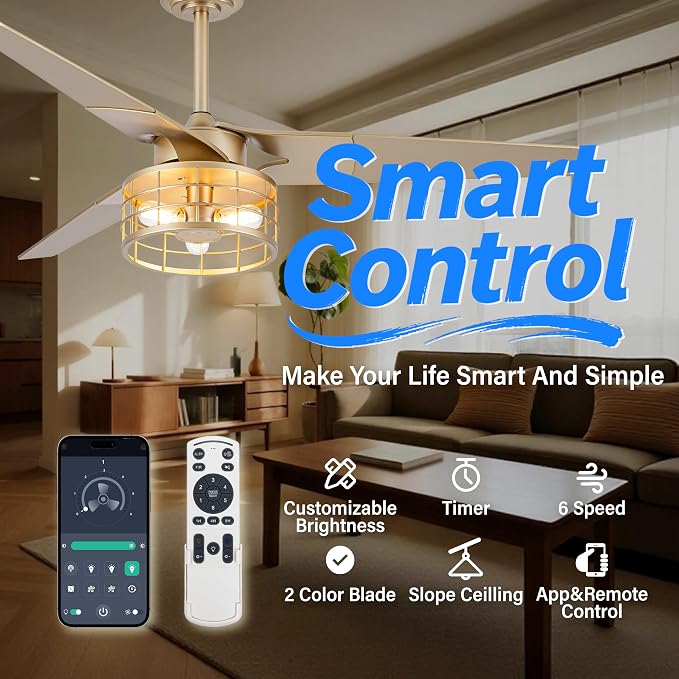 Chandelier Ceiling Fans With Lights And Remote,Caged Ceiling Fan With Light,App 3 Blades E26 Fandelier Ceiling Fans With Lights,Crystal Ceiling Fan For Bedroom,Living Room. (Gold, 52 In'ch)