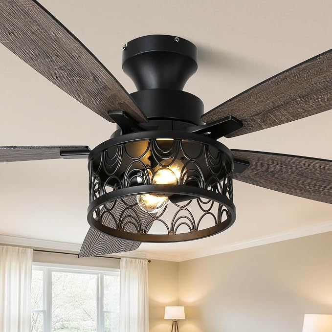 52'' Flush Mount Farmhouse Ceiling Fan with Light & Remote Control | Reversible Quiet DC Motor,6-Speed,Timer Dual-Sided Blades,Low Profile Industrial Caged Ceiling Fan for Bedroom Living Room