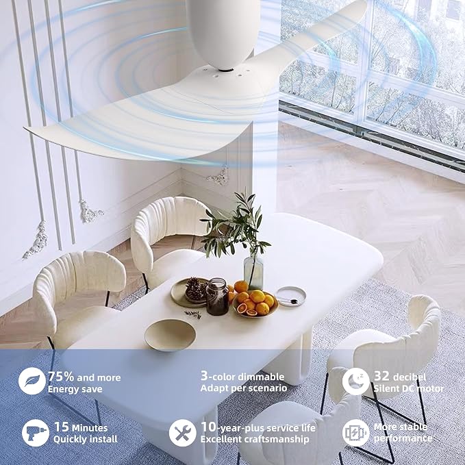 52" White 2 Blades Flush Mount Ceiling Fan with Remote, No Light | Modern Low-Profile, Heat Resistant ABS Blades, 6-Speed Reversible Quiet DC Motor for Balcony, Living Room, Bedroom