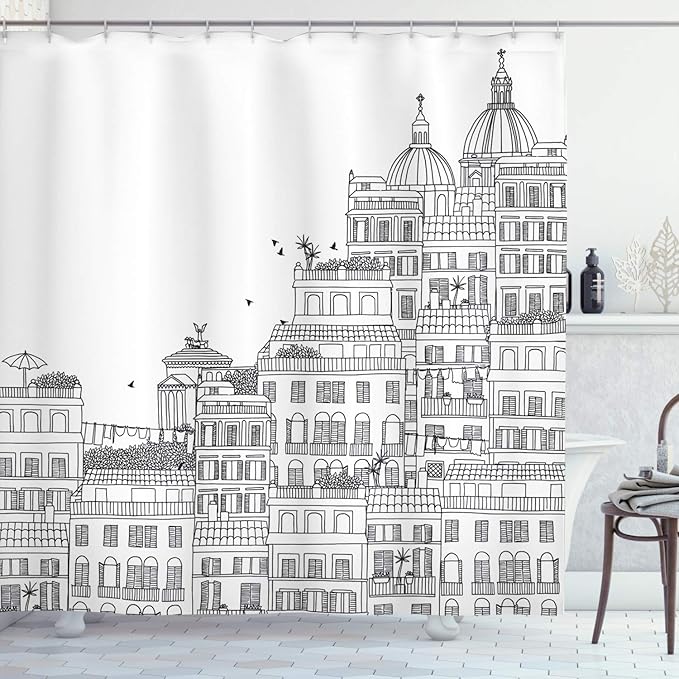 Ambesonne European Shower Curtain, Hand Drawn Italian Town Buildings Cityscape Famous Urban Houses Design, Cloth Fabric Bathroom Decor Set with Hooks, 69" W x 75" L, Grey Black