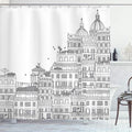 Ambesonne European Shower Curtain, Hand Drawn Italian Town Buildings Cityscape Famous Urban Houses Design, Cloth Fabric Bathroom Decor Set with Hooks, 69" W x 75" L, Grey Black