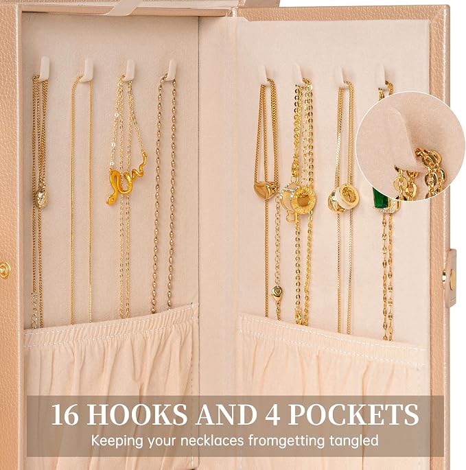 AKOZLIN 6-Tier Jewelry Box Organizer Functional 5 Drawers Leather Jewelry Storage Case for Women Girls Ring Necklace Earring Bracelet Holder Organizer with Mirror Medium Champagne