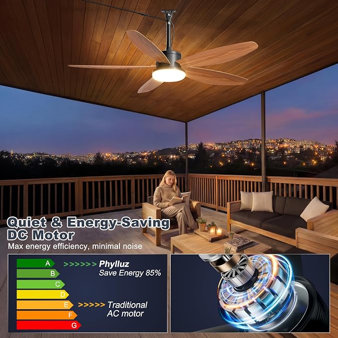 Outdoor Ceiling Fan with Lights, 48 Inch Plug in Gazebo Fans with Remote APP Control, Quiet DC Motor, Dimmable 3CCT, Waterproof Hanging Fans for Covered Patios, Porch, Wood Color