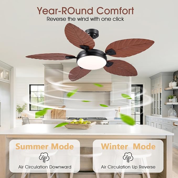 GJeg Tropical Ceiling Fans with Lights and Remote,52Inch Outdoor Palm Leaf Ceiling Fan for Patios Porch Bedroom, Dimmable LED Light, 6 Speeds, Reversible,Brown