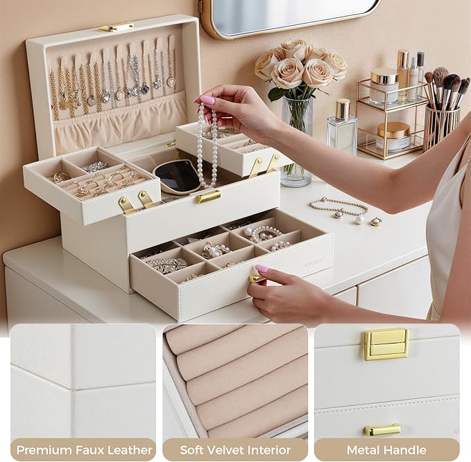 Dajasan Jewelry Organizer Box, Large Jewelry Boxes for Women Girls, Space-Saving 3 Layers Jewelry Storage Case with Drawer, Movable Metal Stand, Modern, Gift Idea (Cloud White + Gold)