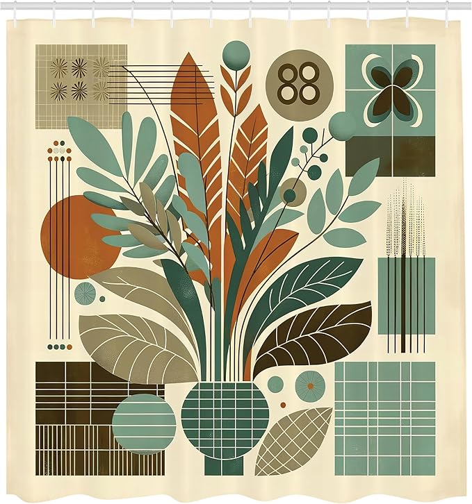 Ambesonne Mid Century Modern Shower Curtain, Abstract Retro Exotic Leaves Arrange in Vase with Lines, Cloth Fabric Bathroom Decor Set with Hooks, 69" W x 75" L, Beige Sage Green and Amber