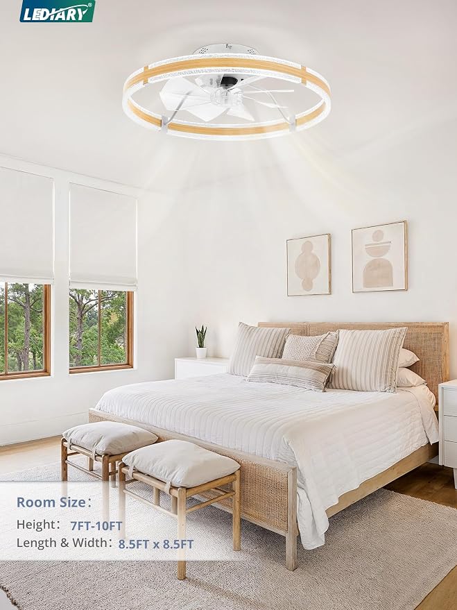 LEDIARY Ceiling Fans with Lights and Remote, 24'' Low Profile Ceiling Fan with Light, 3000-6000K Dimmable Fandelier Ceiling Fans, Modern Flush Mount Fan for Bedroom with 6 Wind Speeds- Wood Grain
