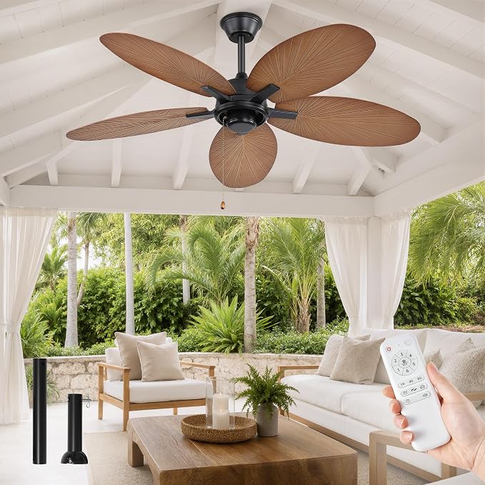 Fanbulous 52 Inch Ceiling Fan No Light, Remote & Pull Chain Tropical Fan With 6 Speeds, 3 Timers, DC Quiet Motor, 5 Palm Blade for Bedroom Living Room Covered Outdoor Patio Porch, Damp Rated, Walnut