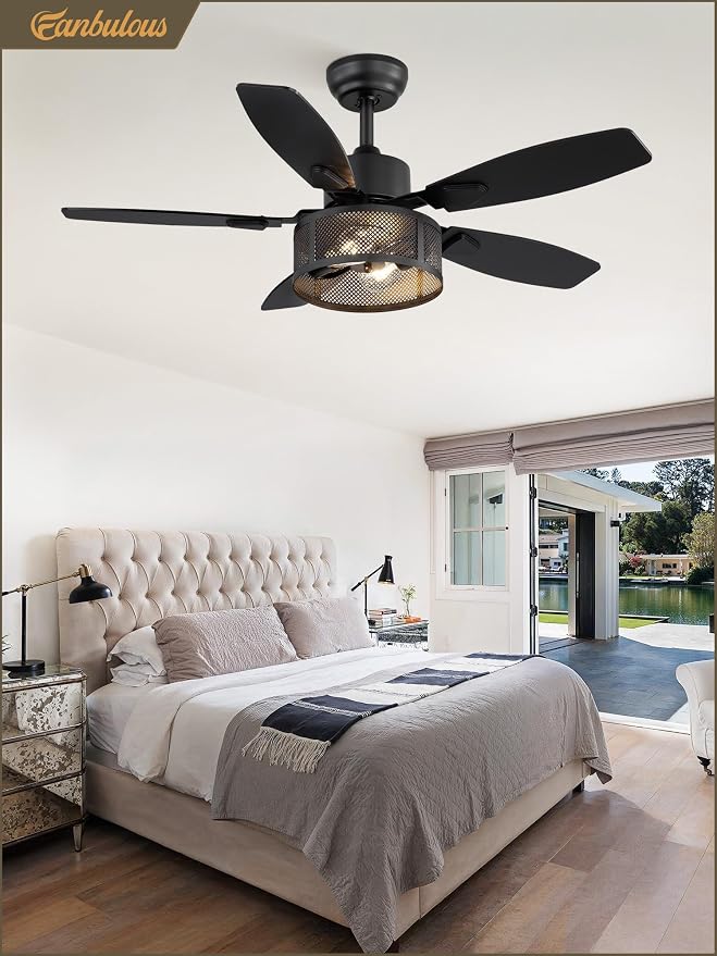 Fanbulous Farmhouse Ceiling Fans with Lights and Remote, 42 Inch Industrial Black Caged Ceiling Fans for Living Room Bedroom Kitchen, 6 Speed Reversible Quiet DC Motor, Dual Finish 5 Blades