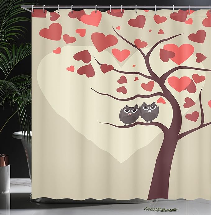 Ambesonne Owls Shower Curtain, Owl Couples Sitting on Branch Valentine Tree Valentines Day Anniversary Artwork, Cloth Fabric Bathroom Decor Set with Hooks, 69" W x 70" L, Red Brown Ivory
