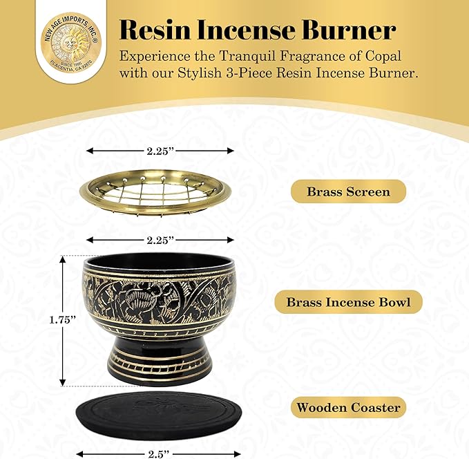 New Age Imports, Inc. India Small Decorated Brass Charcoal Screen Incense Burner with Wooden Coaster