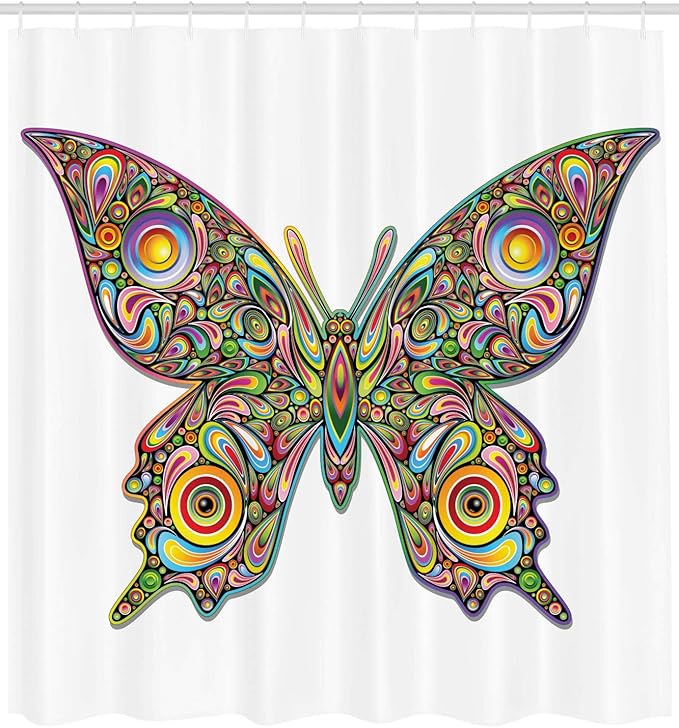 Ambesonne Butterflies Shower Curtain, Butterfly Psychedelic Design Spirals Wildlife Eyes Pattern, Cloth Fabric Bathroom Decor Set with Hooks, 69" W x 70" L, Green Pink