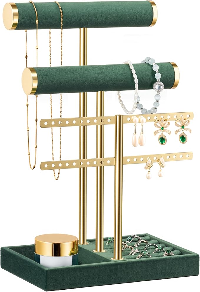 Jewelry Organizer Stand for Necklaces, Bracelets, Earrings, Rings, Green | 3 Tier Velvet Bracelet Holder Display | Jewelry Organizers and Storage | Jewelry Tree | Jewelry Towers