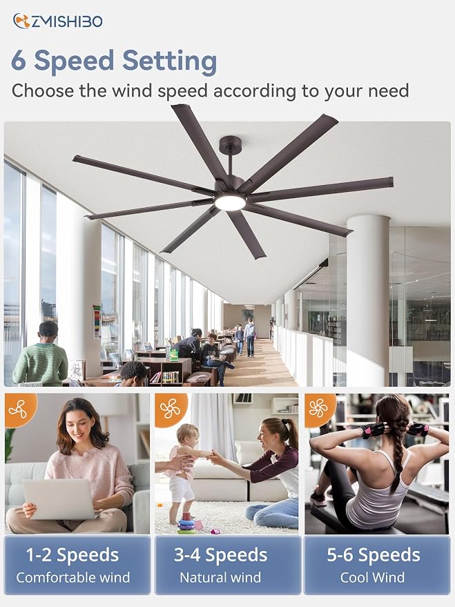 ZMISHIBO 84" Industrial Ceiling Fans with Lights, Large Ceiling Fan with 3CCT, 8 Reverisble Aluminum Blades, Quiet DC Motor, 6-Speed, Indoor/Outdoor Ceiling Fans for Patios/Garage/Porch, Oil-bronze