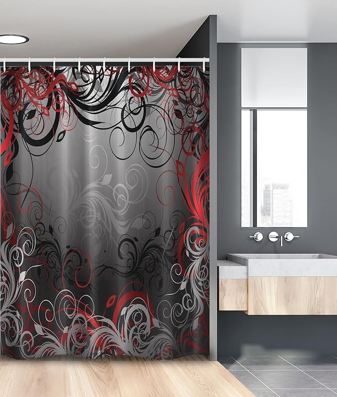Ambesonne Abstract Stall Shower Curtain, Mystic Forest Floral Swirls Leaves Nature Fading Ombre Effect, Fabric Bathroom Decor Set with Hooks, 54" W x 78" L, Charcoal Ruby