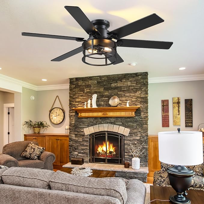 Hounberi 52" Caged Ceiling Fan with Lights and Remote, 6-Speed Quiet DC Motor & E26 Base, 6 Reversible Blades for Black & Wood, Modern Rustic Low Profile Ceiling Fans for Bedroom & Living Room