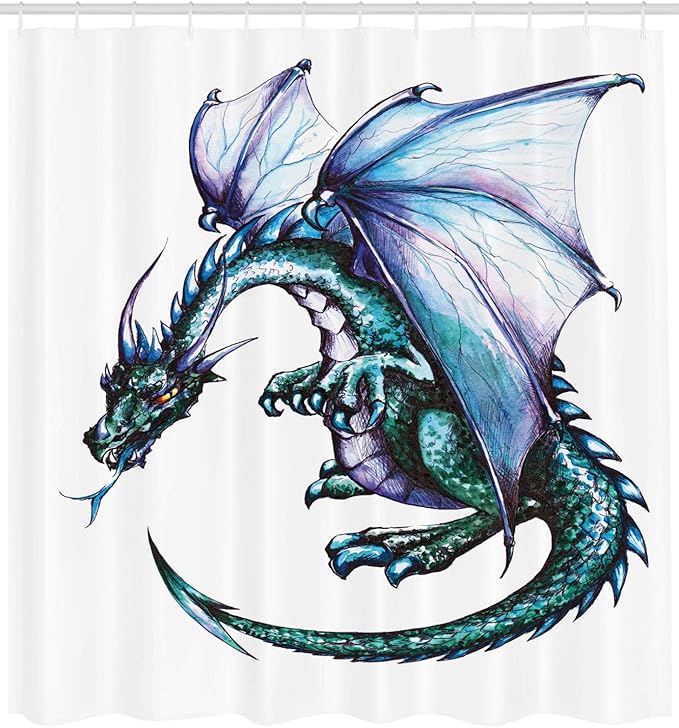 Ambesonne Dragon Shower Curtain, Epic Beast Dragon Created with Vibrant Gradient Colored Graphic Devil Image, Cloth Fabric Bathroom Decor Set with Hooks, 69" W x 75" L, Purple Teal