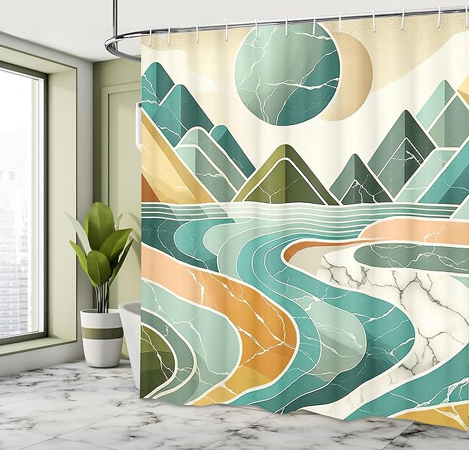 Ambesonne Lake Shower Curtain, Mid Century Modern Inspired Mountain Sun Nature Scene Minimal Marble Print, Cloth Fabric Bathroom Decor Set with Hooks, 69" W x 84" L, Amber and Seafoam