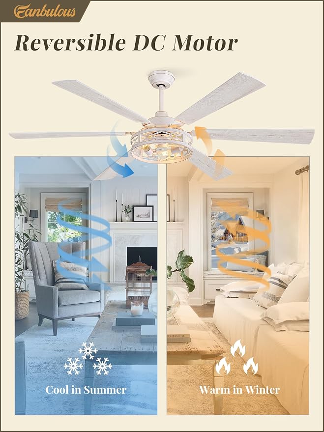 Fanbulous 65 Inch Ceiling Fan with Lights, Farmhouse Caged Ceiling Fans with Remote, White Industrial Ceiling Fans with Quiet Reversible DC Motor, Large Ceiling Fan for Living Room, Bedroom
