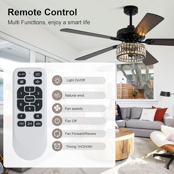 60" Crystal Ceiling Fan with Lights and Remote, Rustic Chandelier | Farmhouse Fandelier Ceiling Fan, Crystal Caged Chandelier for Living Room Indoor Cover Porch, Reversible DC Motor 6 Speeds