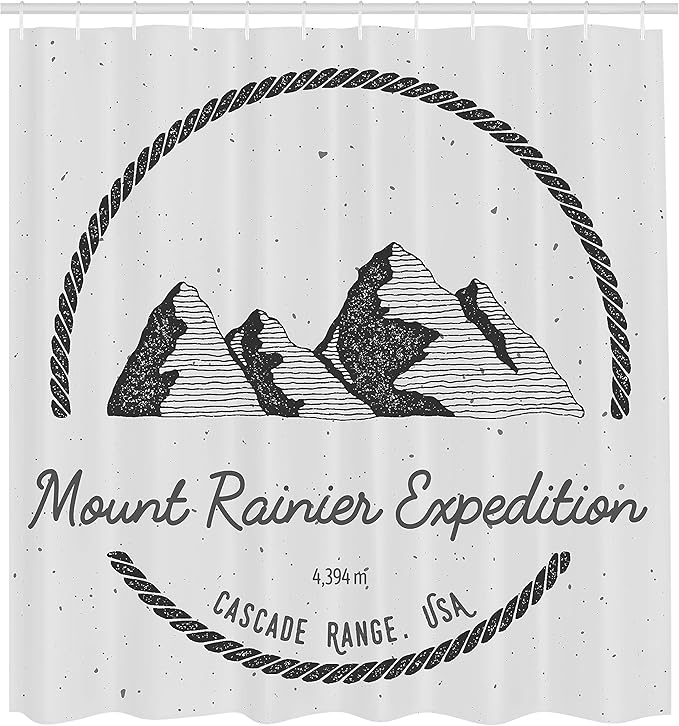 Ambesonne Mt Rainier Shower Curtain, Adventure Logo Look Design Mount Rainier Expedition Cascade Range, Cloth Fabric Bathroom Decor Set with Hooks, 69" W x 75" L, Pale Grey Charcoal Grey
