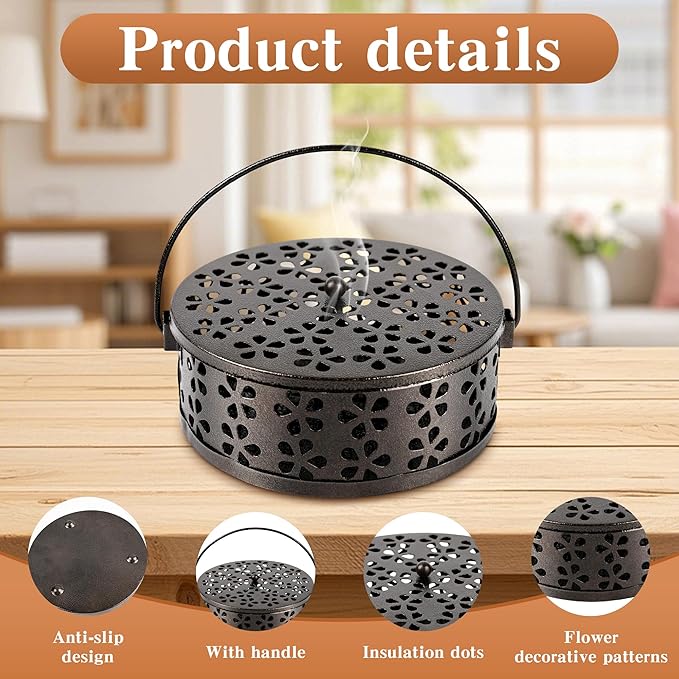 Mosquito Coil Holder,Portable Iron Incense Holder with Handle Round Heat-Resistant,Suitable for Indoor and Outdoor Camping(Bronze)